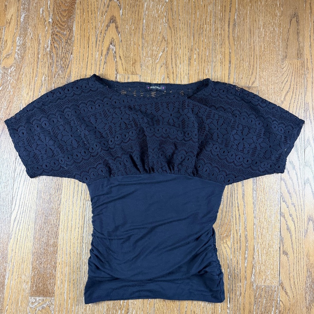 HeartSoul Blouse Woman's Medium Black Crochet Lace Dolman Ruched Whimsical